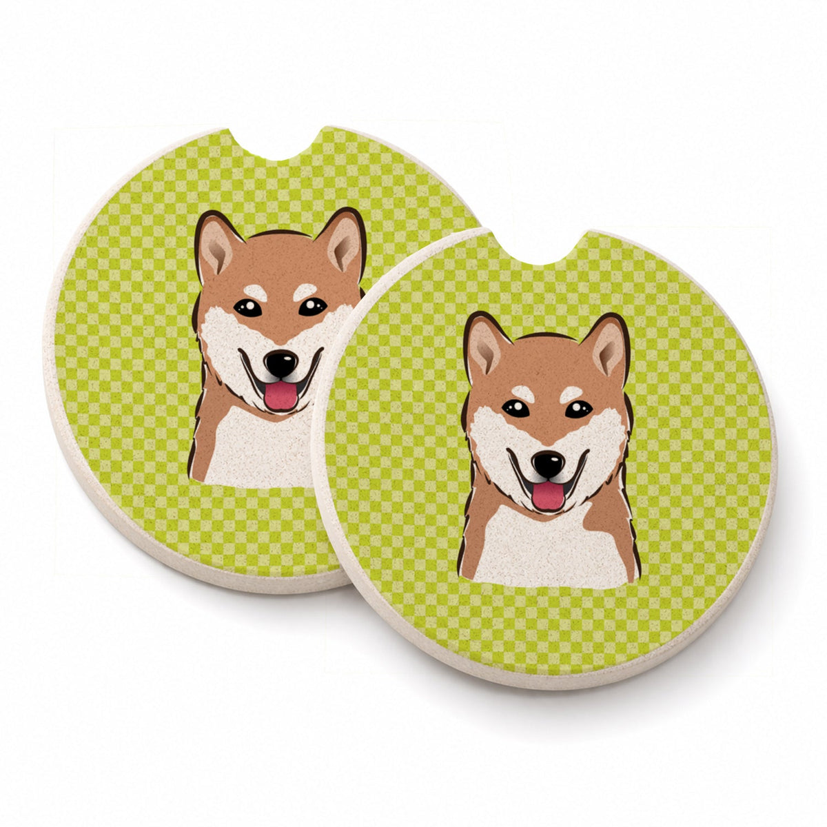 Checkerboard Lime Green Shiba Inu Set of 2 Cup Holder Car Coasters Absorbent Round Sandstone Coasters Gifts for Men or Women, 2.5, Multicolor