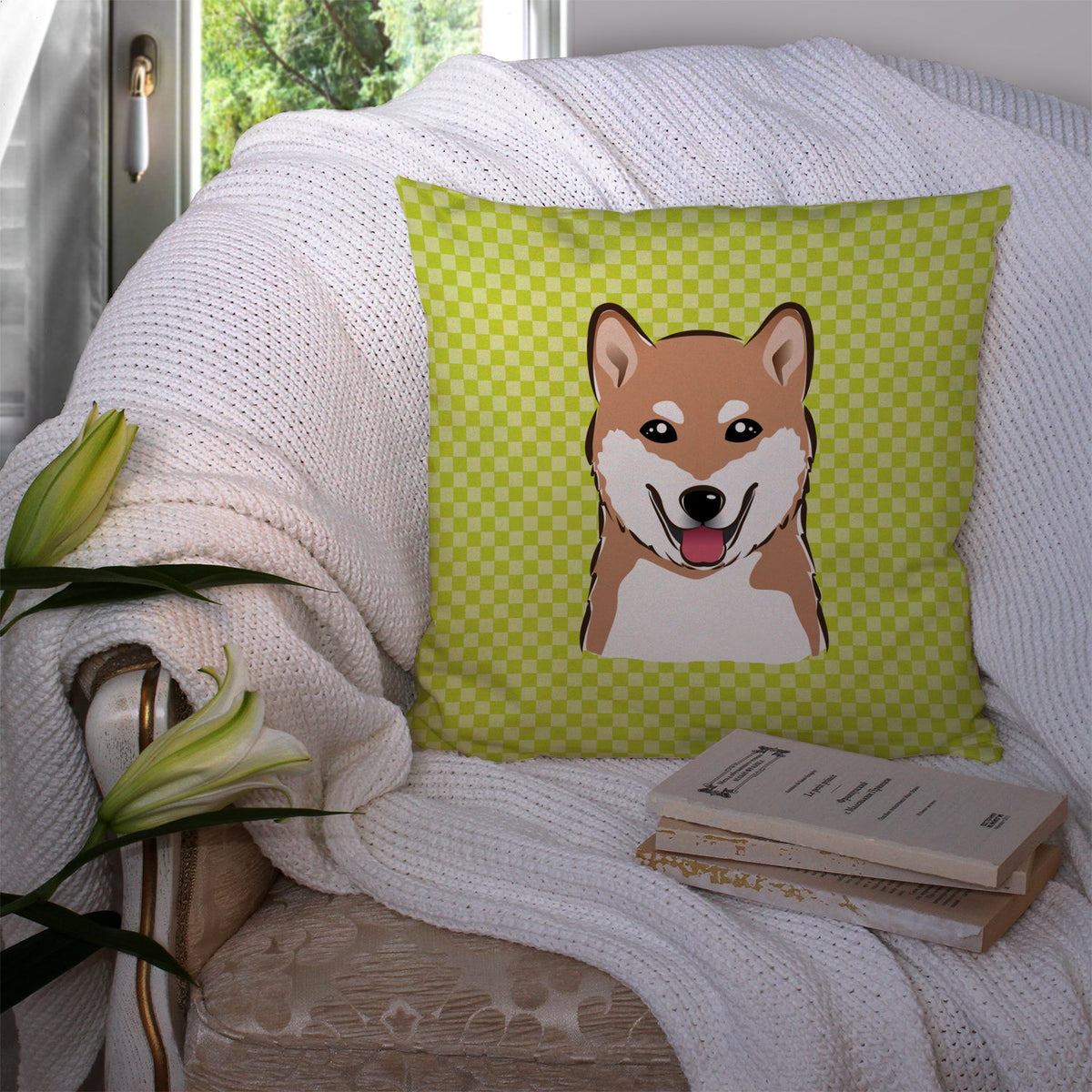 Checkerboard Lime Green Shiba Inu Decorative Throw Pillow 14x14 Indoor Outdoor Accent Cushion, Fabric Cover with Insert for Sofa, Bed, Porch & Living Room