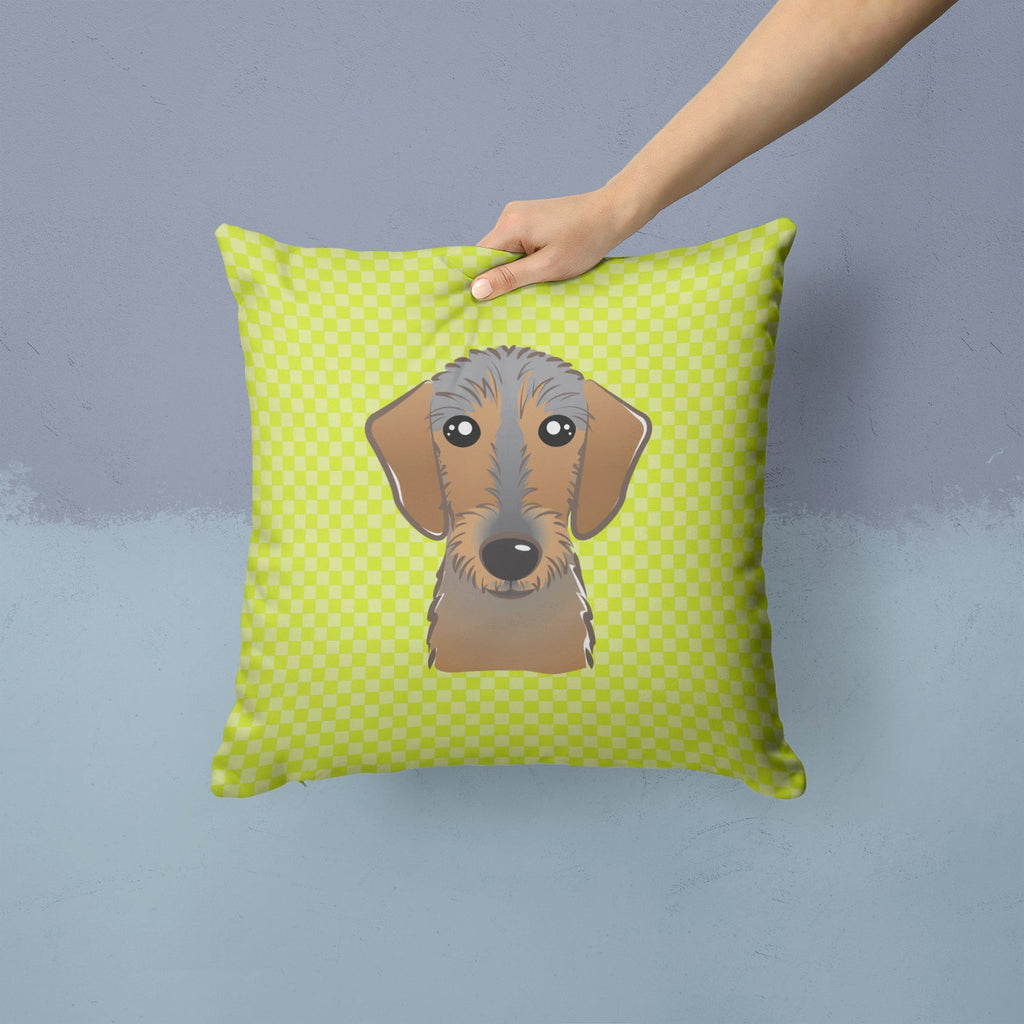 Checkerboard Lime Green Wirehaired Dachshund Decorative Throw Pillow 14x14 Indoor Outdoor Accent Cushion, Fabric Cover with Insert for Sofa, Bed, Porch & Living Room