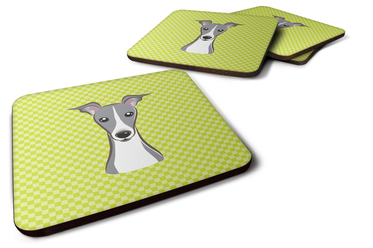 Checkerboard Lime Green Italian Greyhound Foam Coasters Set of 4 Cup Coasters for Indoor Outdoor, Tabletop Protection, Anti Slip, Mouse pad Material