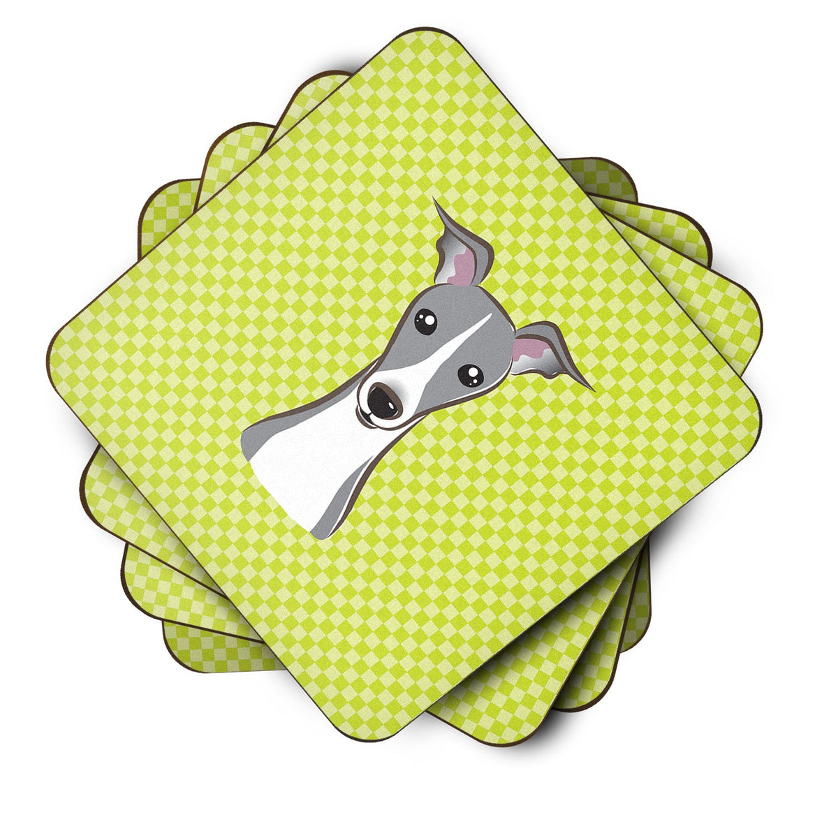 Checkerboard Lime Green Italian Greyhound Foam Coasters Set of 4 Cup Coasters for Indoor Outdoor, Tabletop Protection, Anti Slip, Mouse pad Material