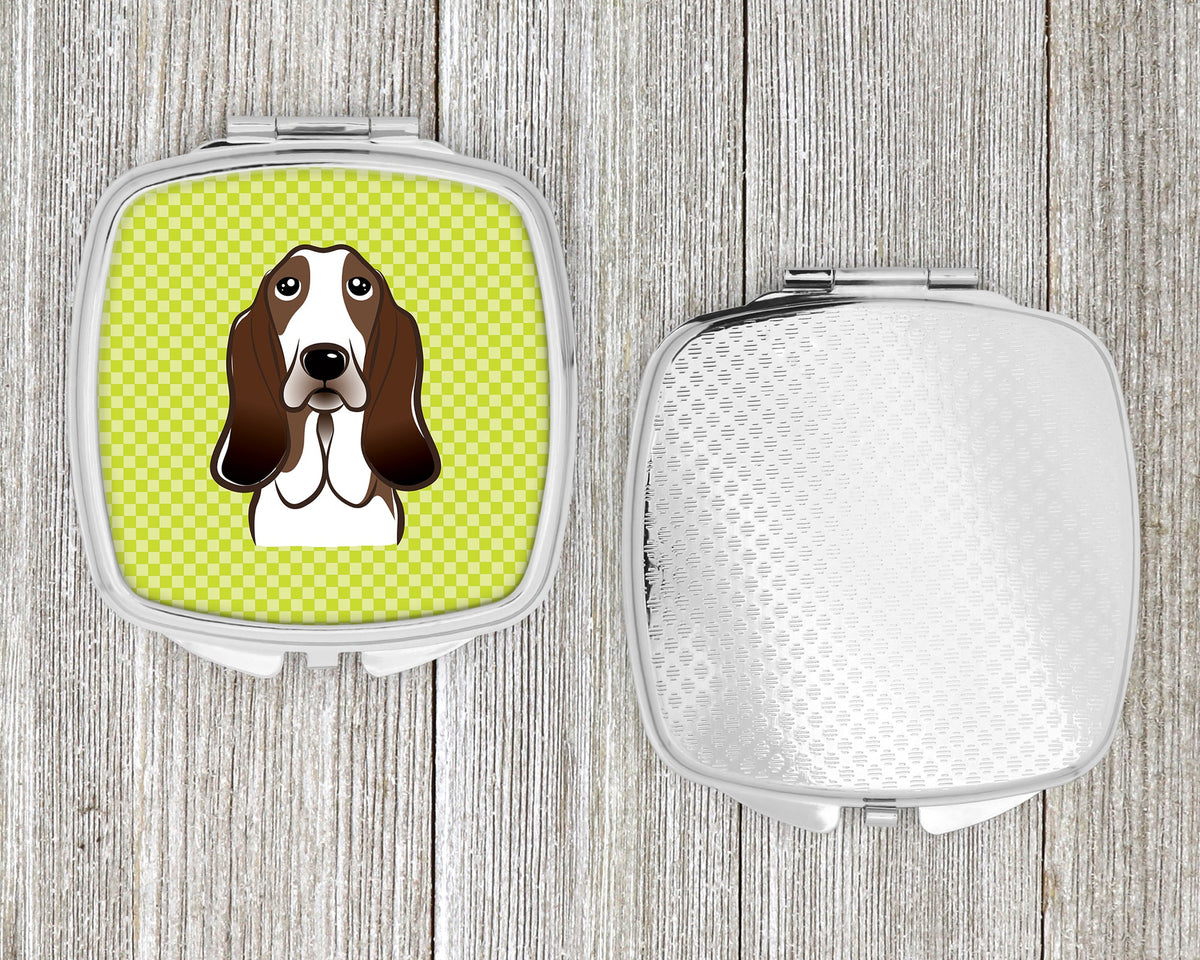 Checkerboard Lime Green Basset Hound Compact Mirror Decorative Travel Makeup Mirror for Women Girls Gifts Pocket Makeup Mirror Folding Handheld