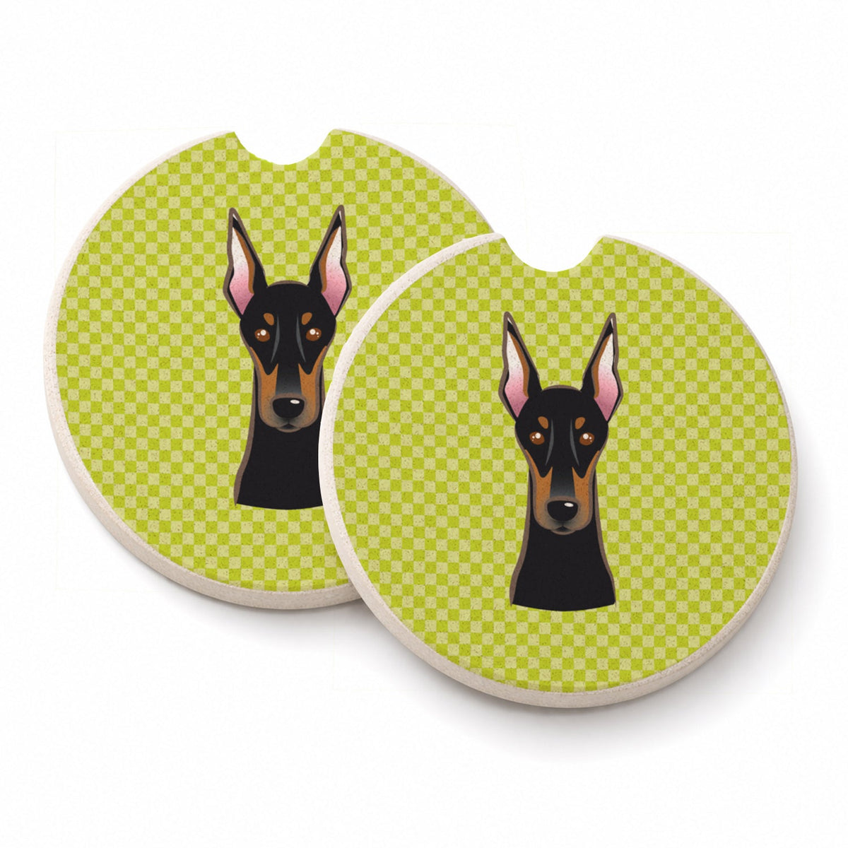 Checkerboard Lime Green Doberman Set of 2 Cup Holder Car Coasters Absorbent Round Sandstone Coasters Gifts for Men or Women, 2.5, Multicolor