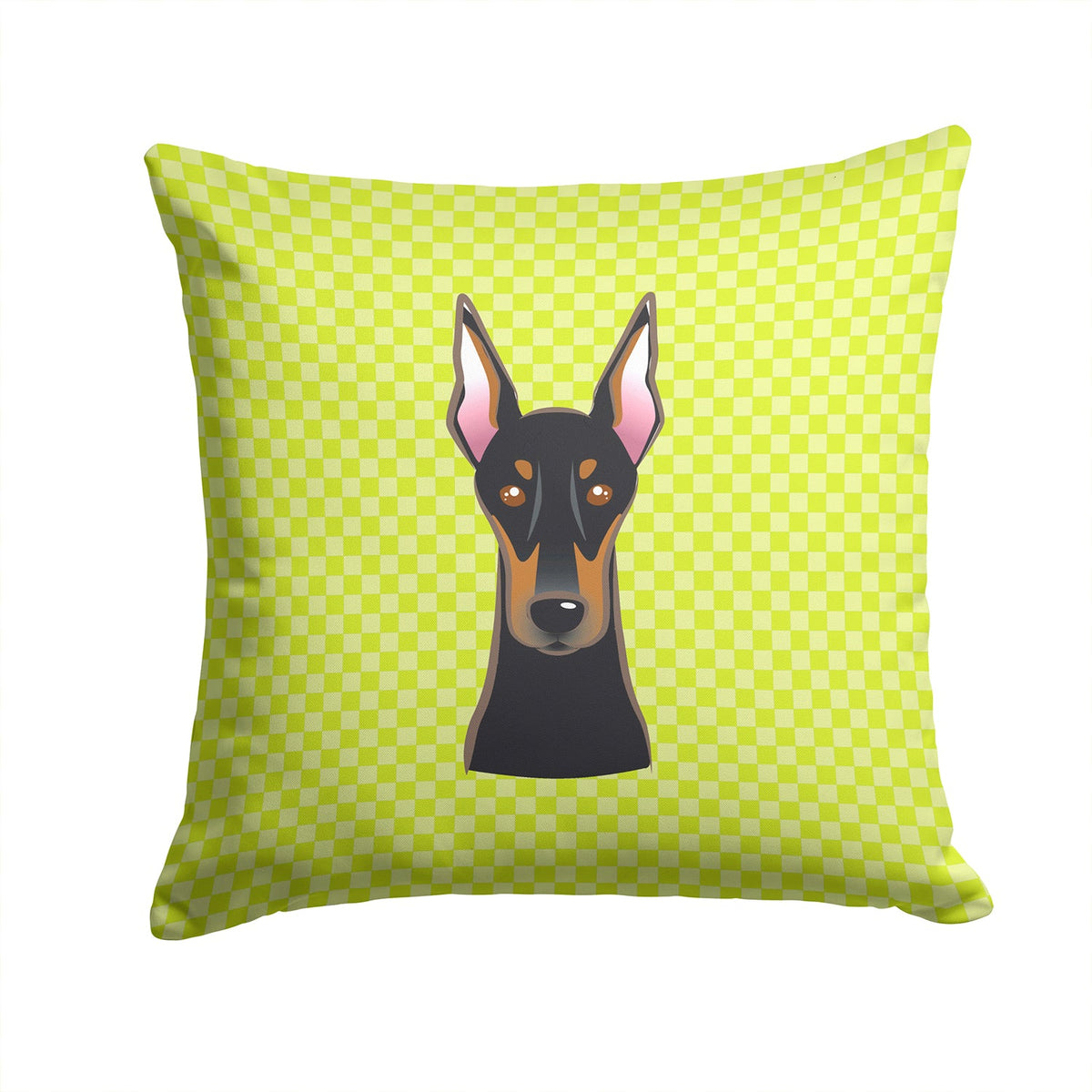 Checkerboard Lime Green Doberman Decorative Throw Pillow 14x14 Indoor Outdoor Accent Cushion, Fabric Cover with Insert for Sofa, Bed, Porch & Living Room