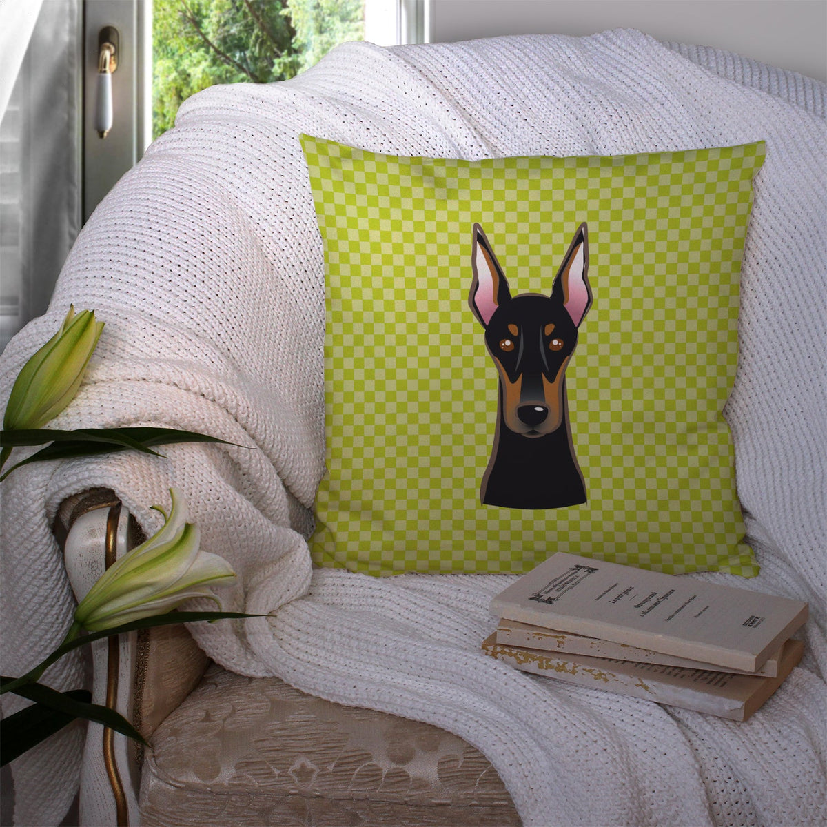 Checkerboard Lime Green Doberman Decorative Throw Pillow 14x14 Indoor Outdoor Accent Cushion, Fabric Cover with Insert for Sofa, Bed, Porch & Living Room