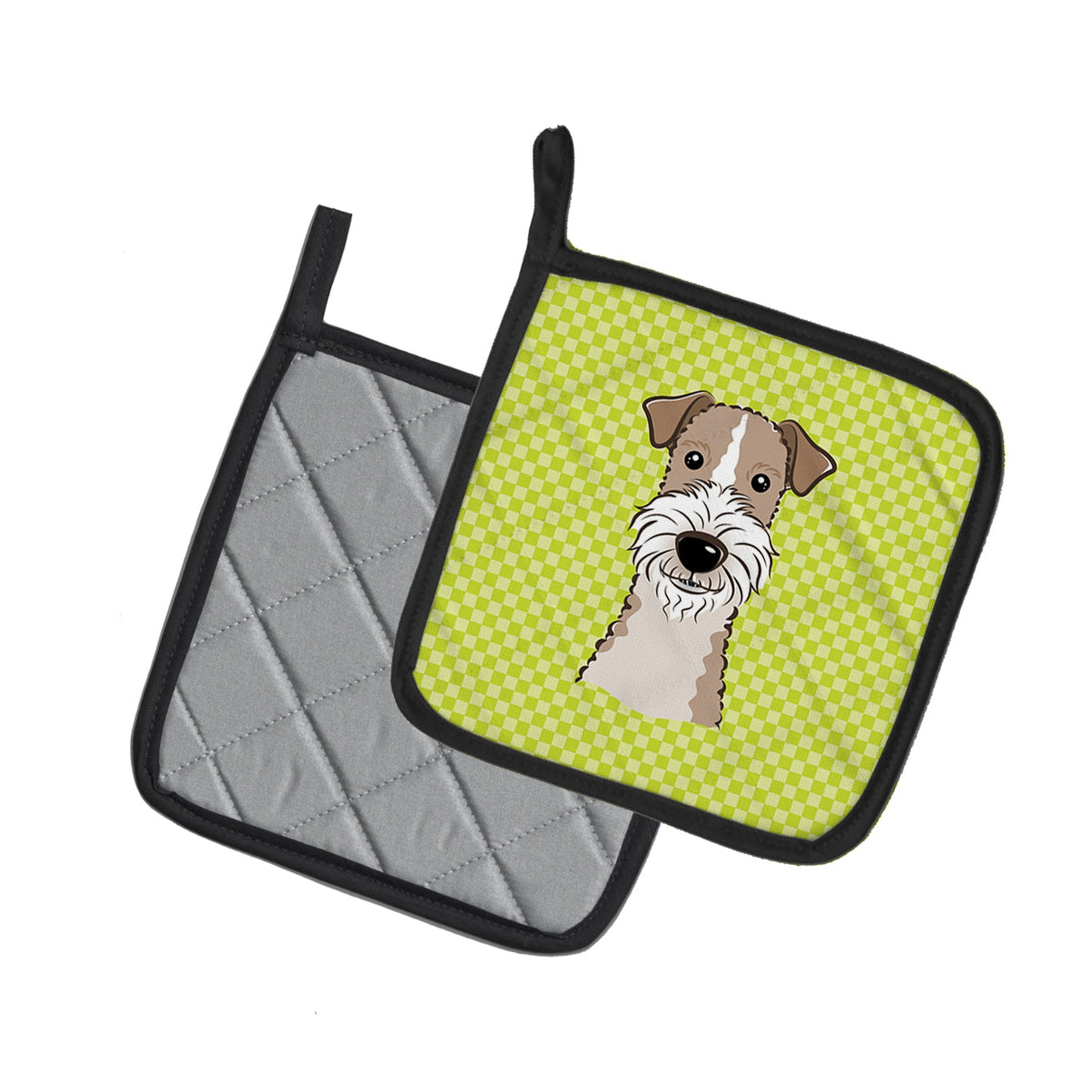 Checkerboard Lime Green Wire Haired Fox Terrier Pot Holder Set of 2 Heat Resistant Quilted Hot Pads 7.5 x 7.5 Inch, Insulated Kitchen Trivets for Cooking & Baking