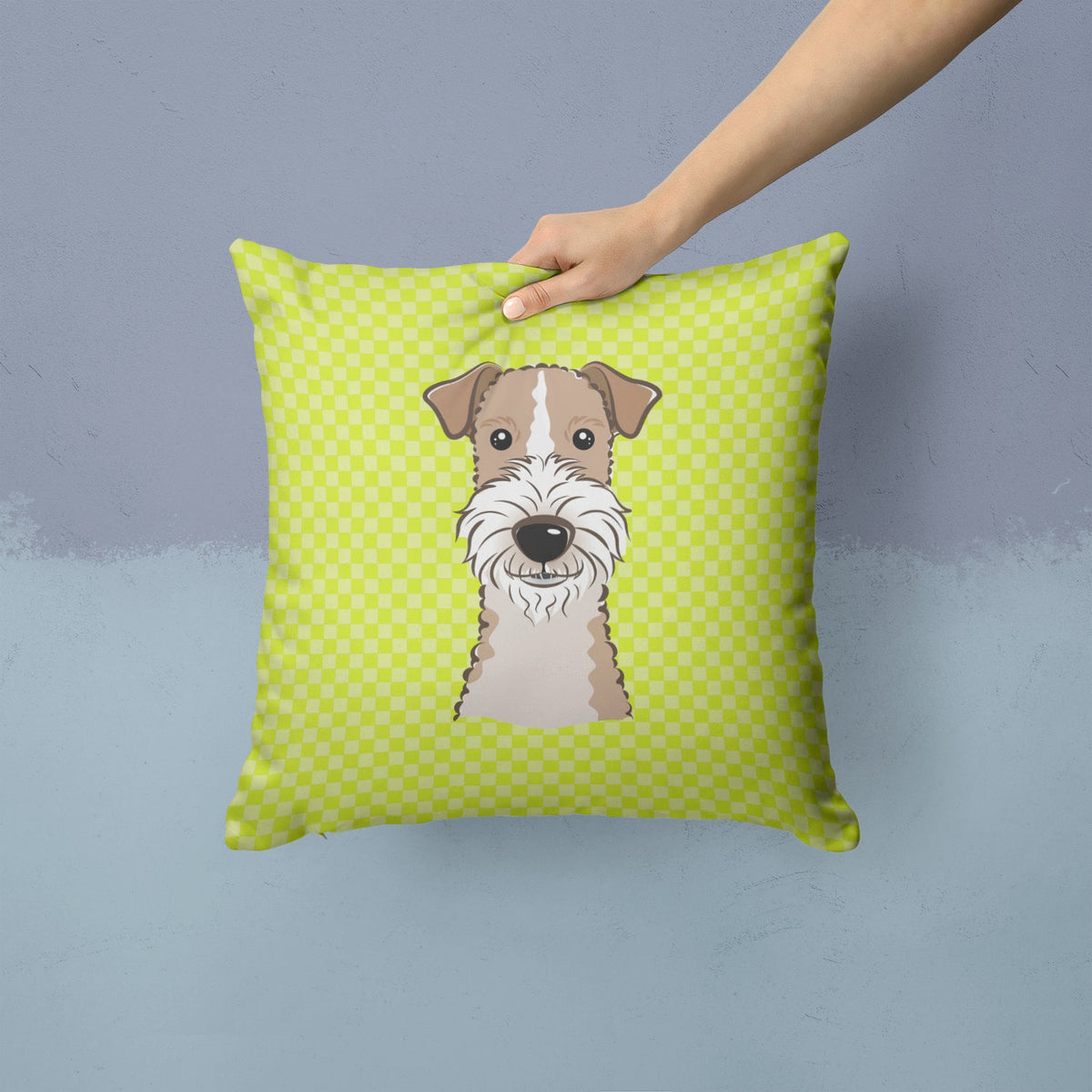Checkerboard Lime Green Wire Haired Fox Terrier Decorative Throw Pillow 14x14 Indoor Outdoor Accent Cushion, Fabric Cover with Insert for Sofa, Bed, Porch & Living Room