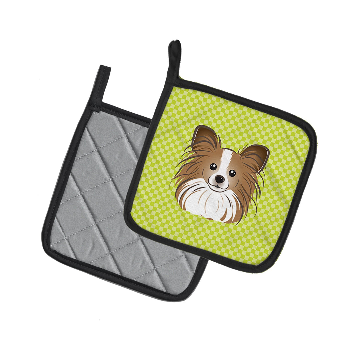 Checkerboard Lime Green Papillon Pot Holder Set of 2 Heat Resistant Quilted Hot Pads 7.5 x 7.5 Inch, Insulated Kitchen Trivets for Cooking & Baking