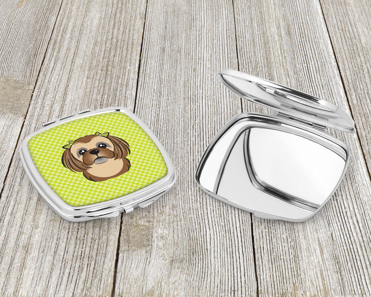 Checkerboard Lime Green Chocolate Brown Shih Tzu Compact Mirror Decorative Travel Makeup Mirror for Women Girls Gifts Pocket Makeup Mirror Folding Handheld