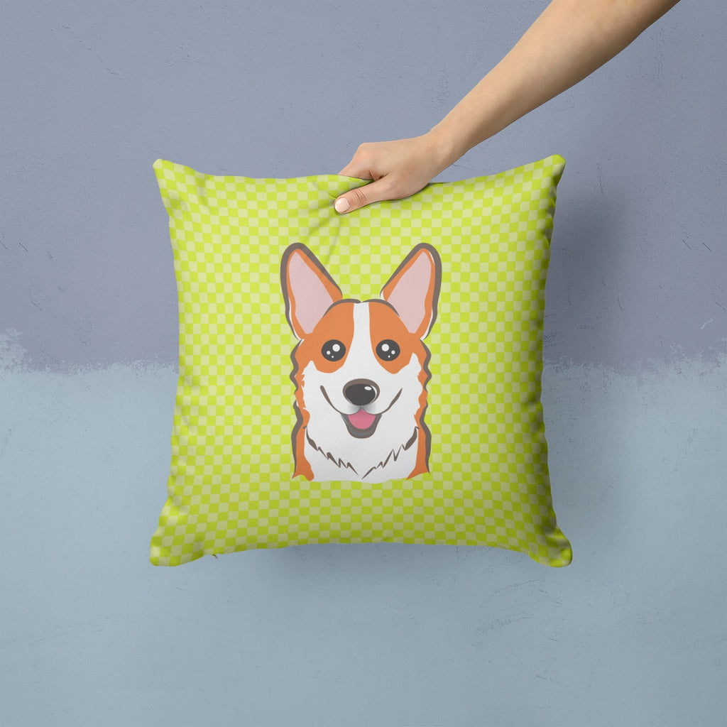 Checkerboard Lime Green Corgi Decorative Throw Pillow 14x14 Indoor Outdoor Accent Cushion, Fabric Cover with Insert for Sofa, Bed, Porch & Living Room