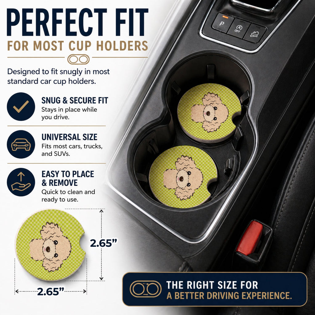 Checkerboard Lime Green Buff Poodle Set of 2 Cup Holder Car Coasters Absorbent Round Sandstone Coasters Gifts for Men or Women, 2.5, Multicolor