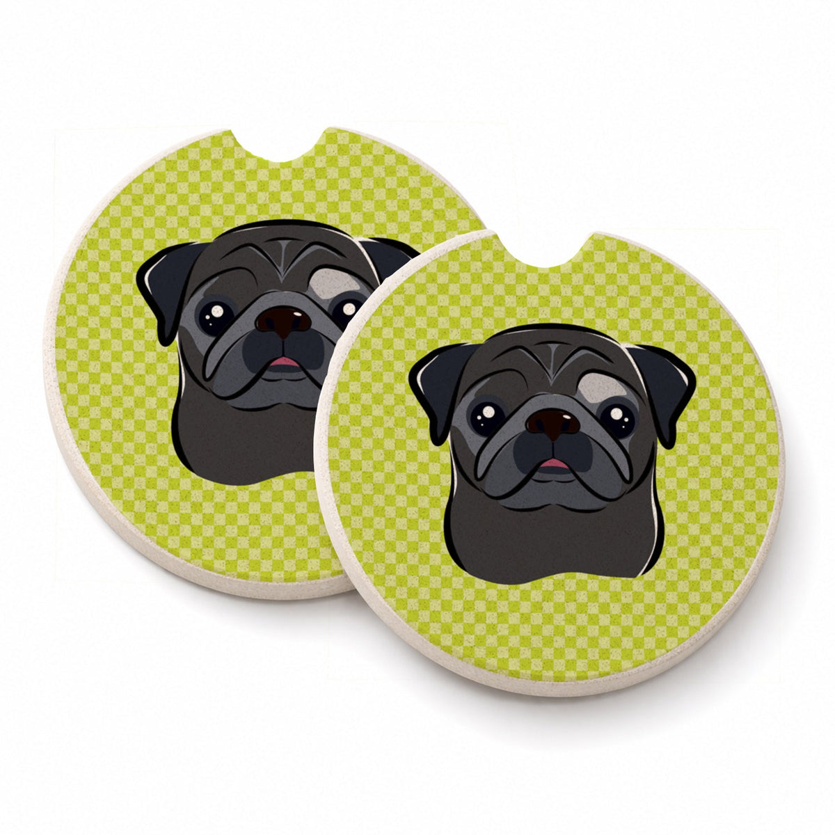 Checkerboard Lime Green Black Pug Set of 2 Cup Holder Car Coasters Absorbent Round Sandstone Coasters Gifts for Men or Women, 2.5, Multicolor