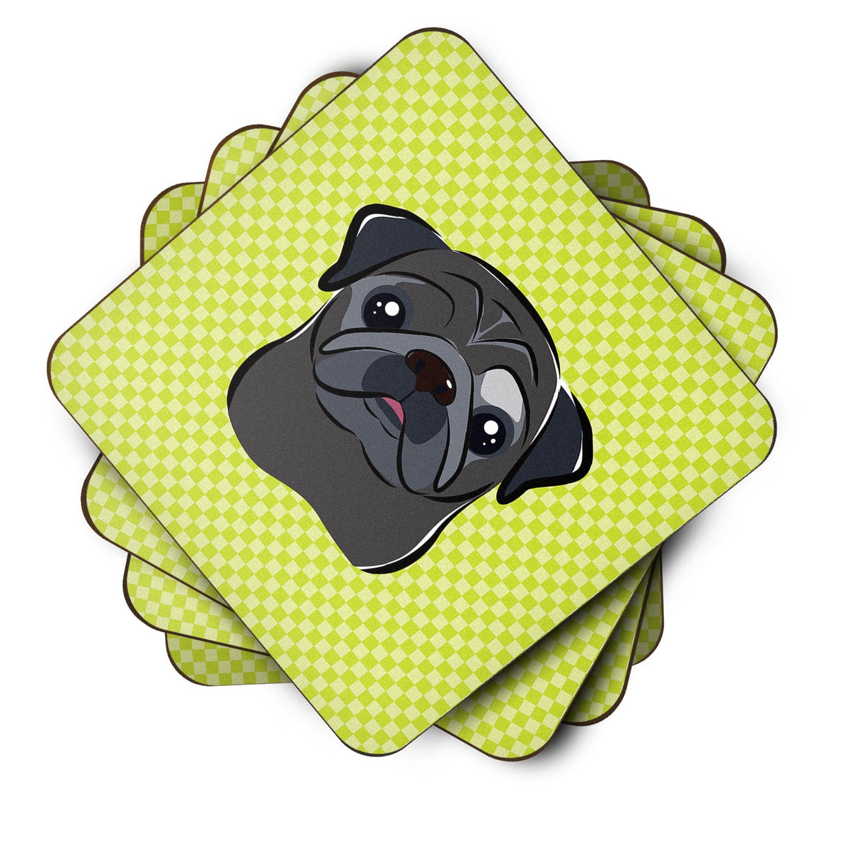 Checkerboard Lime Green Black Pug Foam Coasters Set of 4 Cup Coasters for Indoor Outdoor, Tabletop Protection, Anti Slip, Mouse pad Material