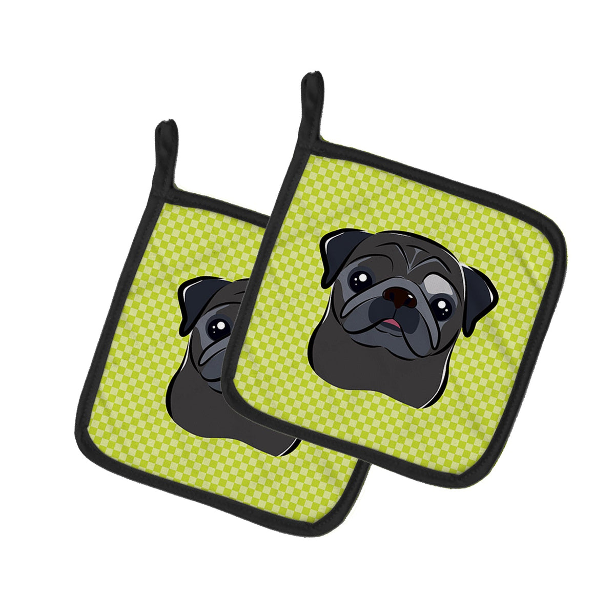 Checkerboard Lime Green Black Pug Pot Holder Set of 2 Heat Resistant Quilted Hot Pads 7.5 x 7.5 Inch, Insulated Kitchen Trivets for Cooking & Baking