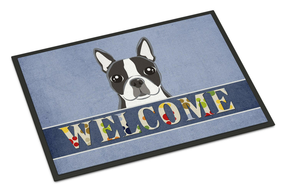 Boston Terrier Welcome Doormat Indoor Outdoor 18H X 27W Front Door Mat Rugs for Entryway, Non Slip Washable