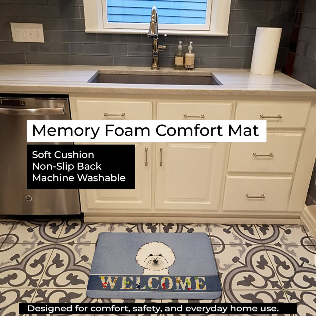 Bichon Frise Welcome Memory Foam Kitchen Mat Machine Washable Anti-Fatigue Cushion Comfort Bath or Kitchen Rug