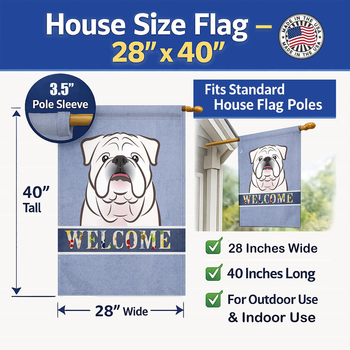 White English Bulldog  Welcome House Flag 28x40 Porch Sleeve Pole Decorative Outside Yard Banner Artwork Wall Hanging, Polyester