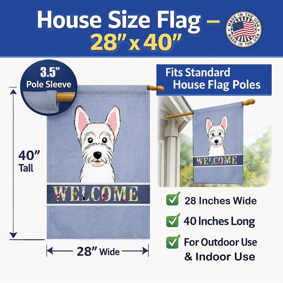 Westie Welcome House Flag 28x40 Porch Sleeve Pole Decorative Outside Yard Banner Artwork Wall Hanging, Polyester