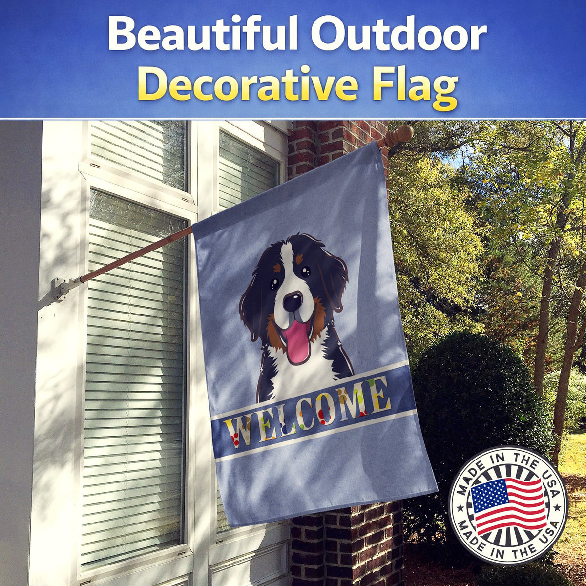 Bernese Mountain Dog Welcome House Flag 28x40 Porch Sleeve Pole Decorative Outside Yard Banner Artwork Wall Hanging, Polyester
