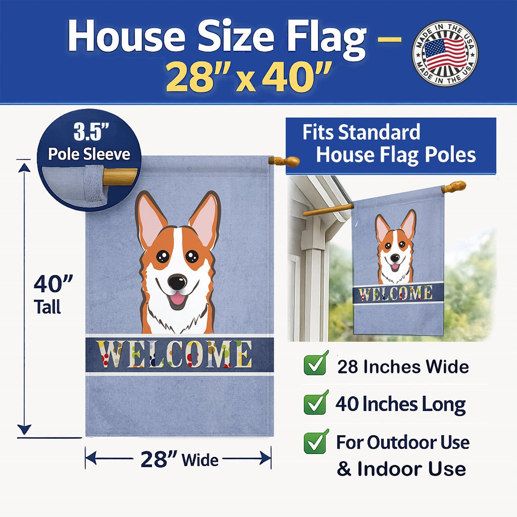 Red Corgi Welcome House Flag 28x40 Porch Sleeve Pole Decorative Outside Yard Banner Artwork Wall Hanging, Polyester
