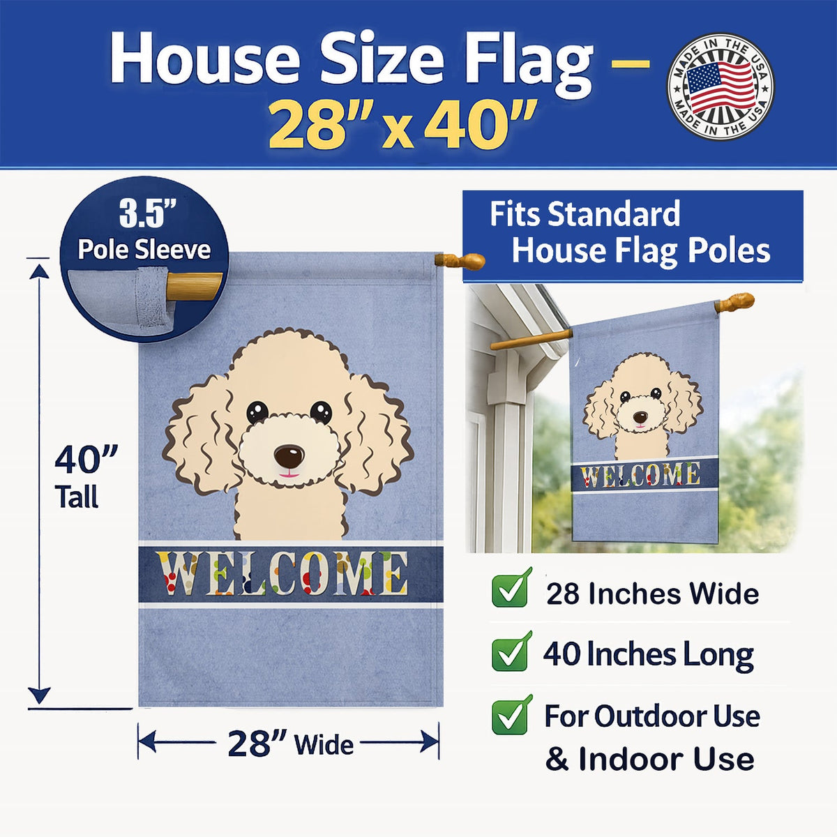 Buff Poodle Welcome House Flag 28x40 Porch Sleeve Pole Decorative Outside Yard Banner Artwork Wall Hanging, Polyester
