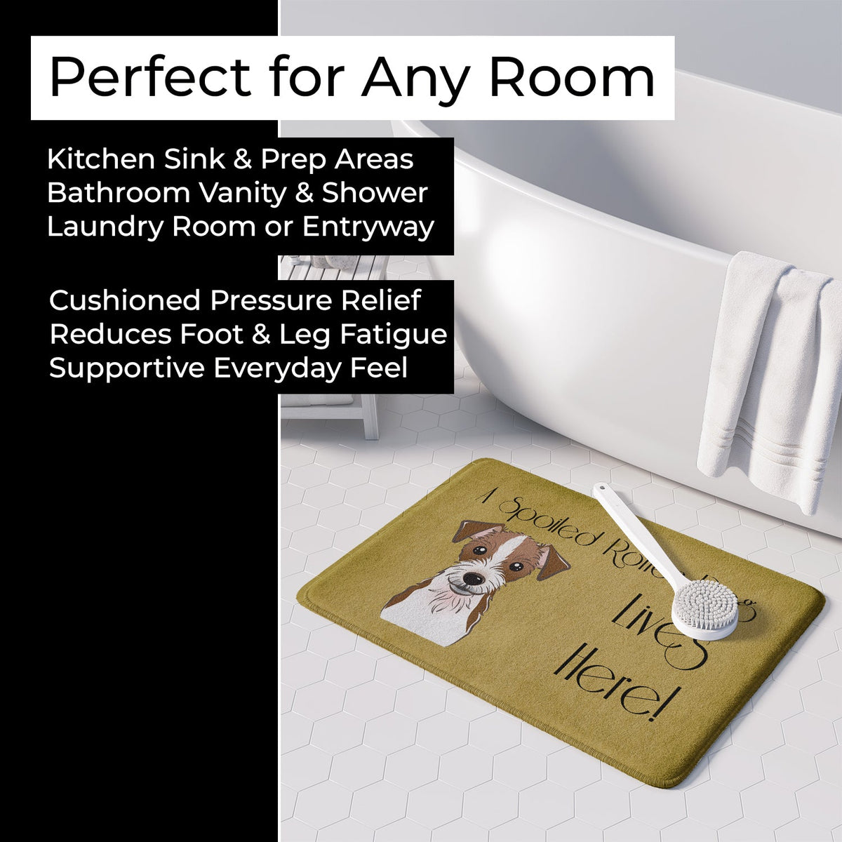 Jack Russell Terrier Spoiled Dog Lives Here Memory Foam Kitchen Mat Machine Washable Anti-Fatigue Cushion Comfort Bath or Kitchen Rug