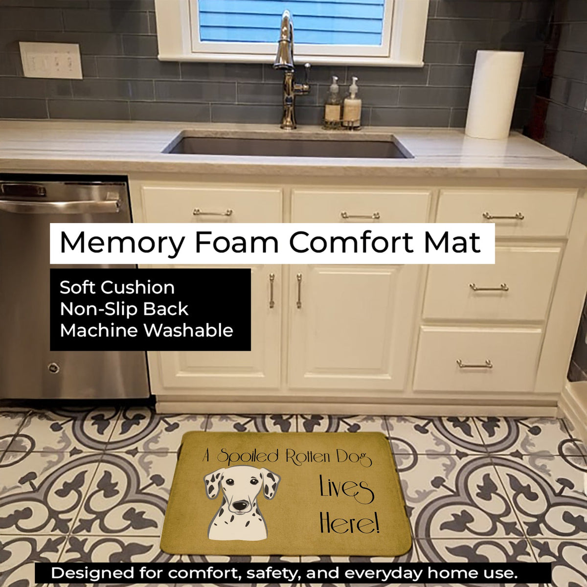 Dalmatian Spoiled Dog Lives Here Memory Foam Kitchen Mat Machine Washable Anti-Fatigue Cushion Comfort Bath or Kitchen Rug