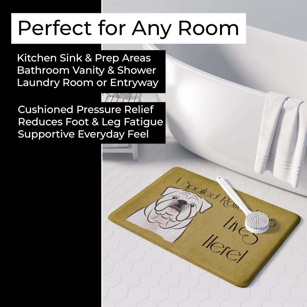 White English Bulldog  Spoiled Dog Lives Here Memory Foam Kitchen Mat Machine Washable Anti-Fatigue Cushion Comfort Bath or Kitchen Rug