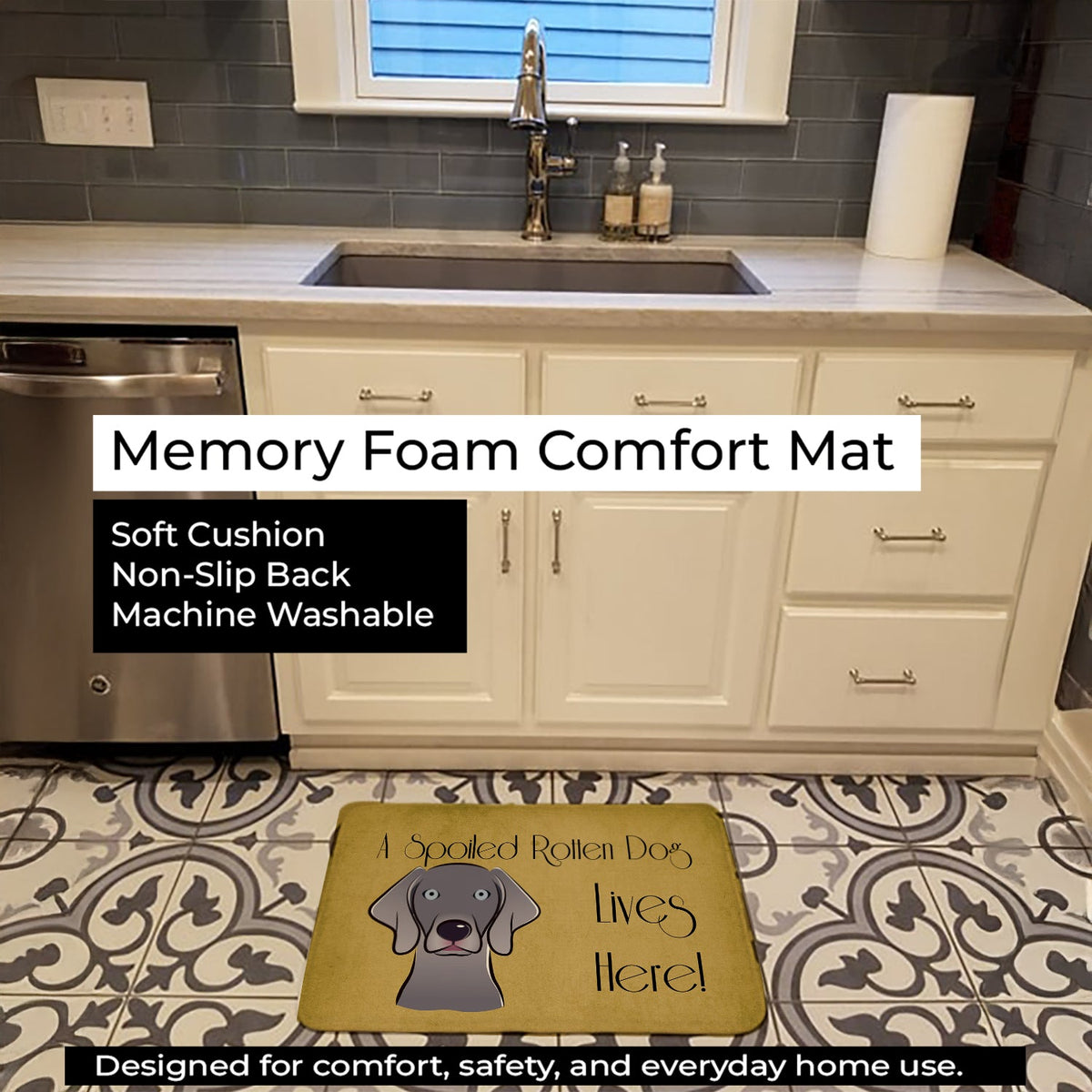 Weimaraner Spoiled Dog Lives Here Memory Foam Kitchen Mat Machine Washable Anti-Fatigue Cushion Comfort Bath or Kitchen Rug