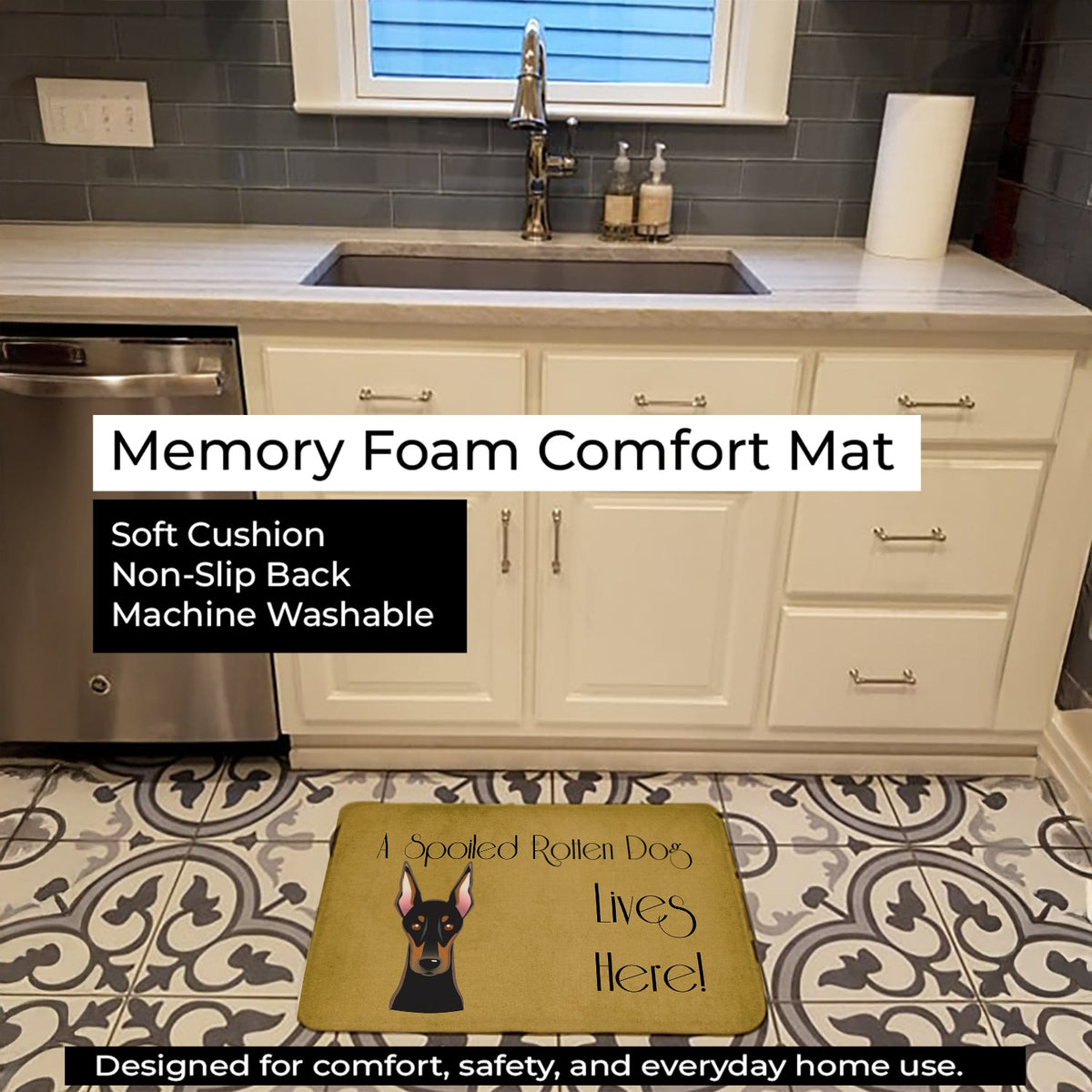 Doberman Spoiled Dog Lives Here Memory Foam Kitchen Mat Machine Washable Anti-Fatigue Cushion Comfort Bath or Kitchen Rug