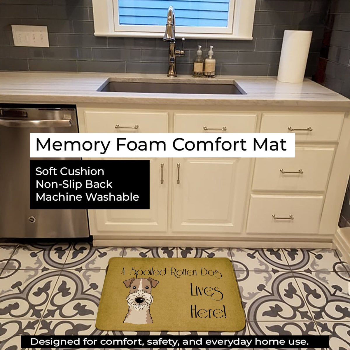 Wire Haired Fox Terrier Spoiled Dog Lives Here Memory Foam Kitchen Mat Machine Washable Anti-Fatigue Cushion Comfort Bath or Kitchen Rug