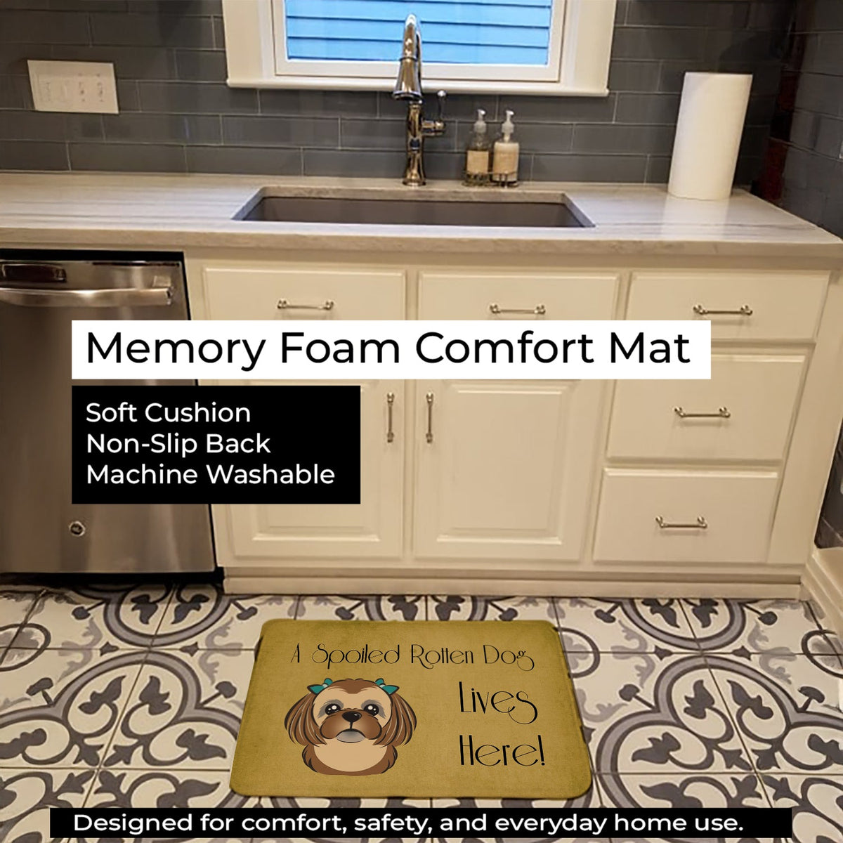 Chocolate Brown Shih Tzu Spoiled Dog Lives Here Memory Foam Kitchen Mat Machine Washable Anti-Fatigue Cushion Comfort Bath or Kitchen Rug