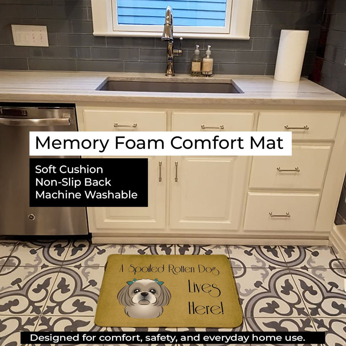 Gray Silver Shih Tzu Spoiled Dog Lives Here Memory Foam Kitchen Mat Machine Washable Anti-Fatigue Cushion Comfort Bath or Kitchen Rug