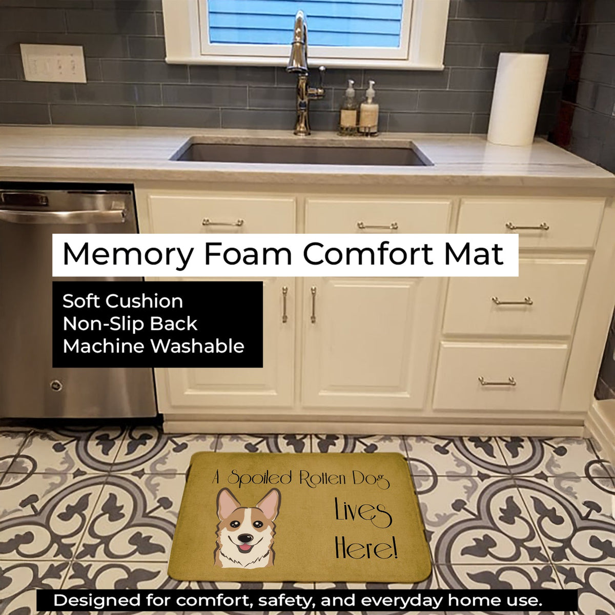 Sable Corgi Spoiled Dog Lives Here Memory Foam Kitchen Mat Machine Washable Anti-Fatigue Cushion Comfort Bath or Kitchen Rug