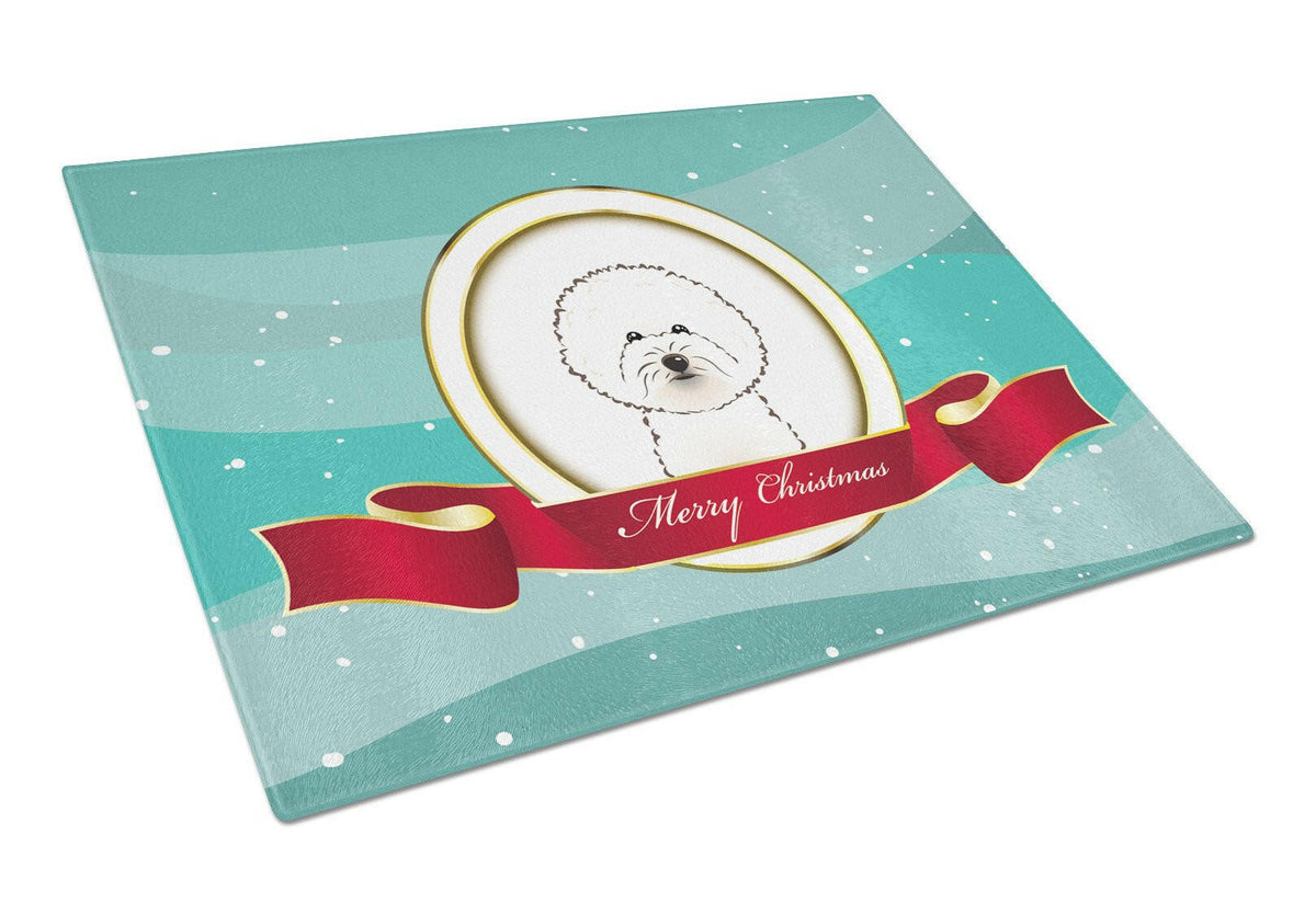 Bichon Frise Merry Christmas Cutting Board Tempered Glass Kitchen Cutting Surface, Heat Resistant Chopping, Non-Slip Feet, Food Prep & Serving