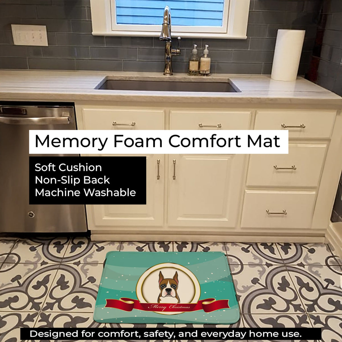 Boxer Merry Christmas Memory Foam Kitchen Mat Machine Washable Anti-Fatigue Cushion Comfort Bath or Kitchen Rug