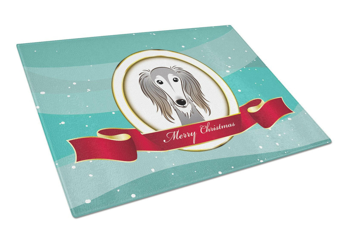 Saluki Merry Christmas Cutting Board Tempered Glass Kitchen Cutting Surface, Heat Resistant Chopping, Non-Slip Feet, Food Prep & Serving