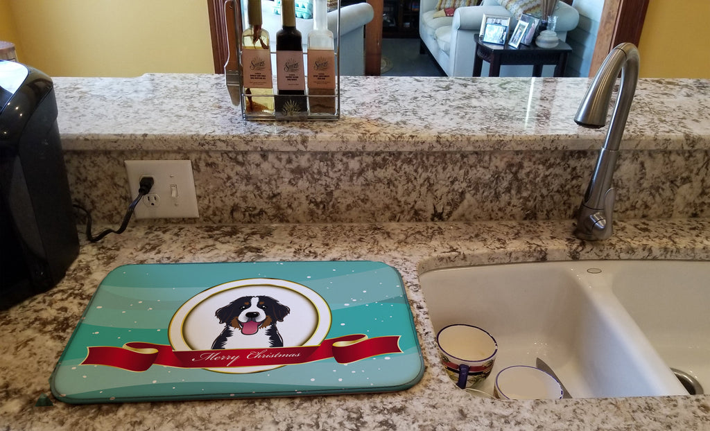 Bernese Mountain Dog Merry Christmas Dish Drying Mat Absorbent Dish Drying Mat Pad for Kitchen Counter Dish Drainer Mat for Countertop, 14 x 21", Multicolor