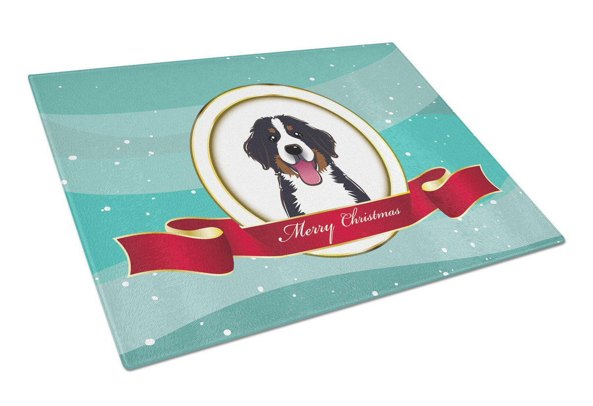 Bernese Mountain Dog Merry Christmas Cutting Board Tempered Glass Kitchen Cutting Surface, Heat Resistant Chopping, Non-Slip Feet, Food Prep & Serving