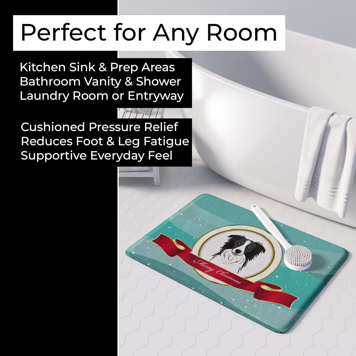Border Collie Merry Christmas Memory Foam Kitchen Mat Machine Washable Anti-Fatigue Cushion Comfort Bath or Kitchen Rug