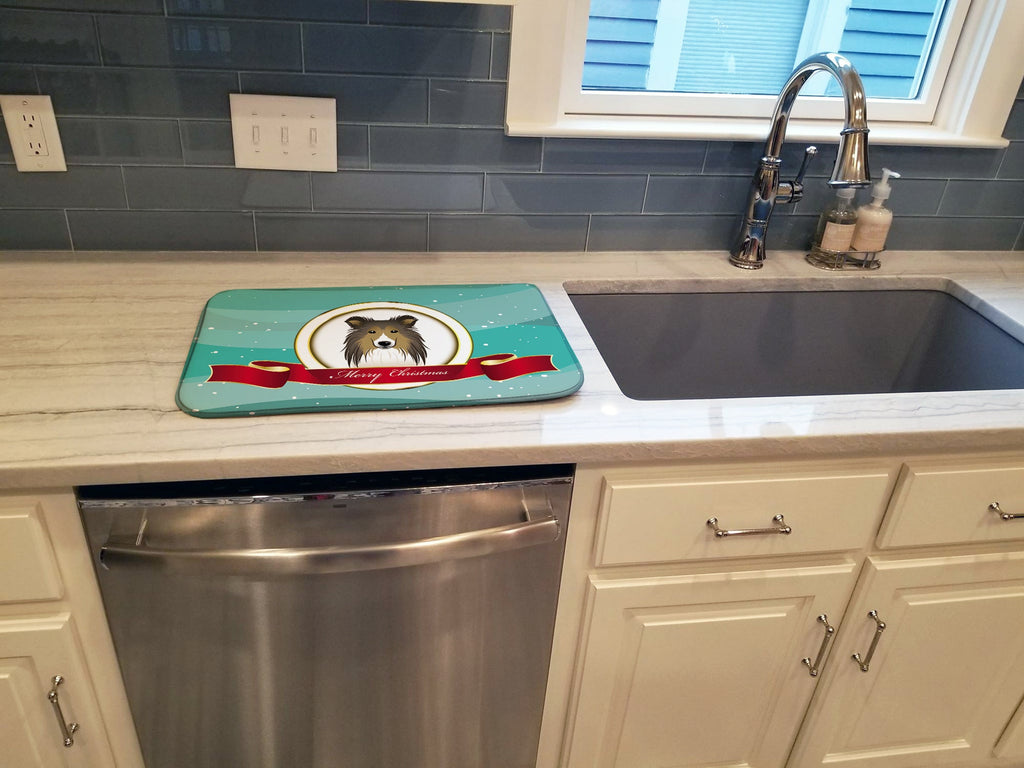 Sheltie Merry Christmas Dish Drying Mat Absorbent Dish Drying Mat Pad for Kitchen Counter Dish Drainer Mat for Countertop, 14 x 21", Multicolor