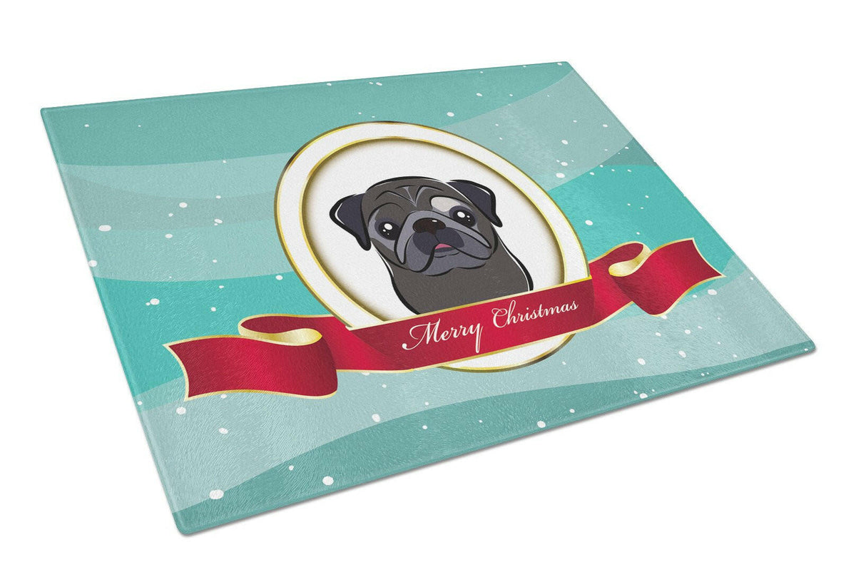 Black Pug Merry Christmas Cutting Board Tempered Glass Kitchen Cutting Surface, Heat Resistant Chopping, Non-Slip Feet, Food Prep & Serving