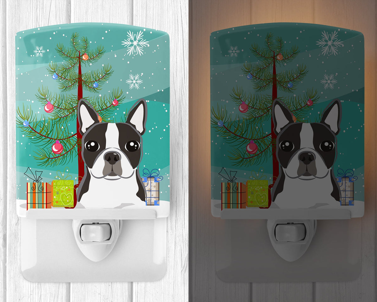 Christmas Tree and Boston Terrier Ceramic Night Light Compact, UL-Certified, Ideal for Bedroom, Bathroom, Nursery, Hallway, Kitchen, 6x4x3, Multicolor
