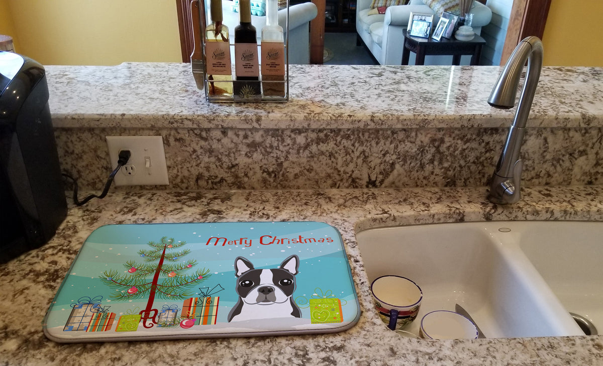 Christmas Tree and Boston Terrier Dish Drying Mat Absorbent Dish Drying Mat Pad for Kitchen Counter Dish Drainer Mat for Countertop, 14 x 21", Multicolor