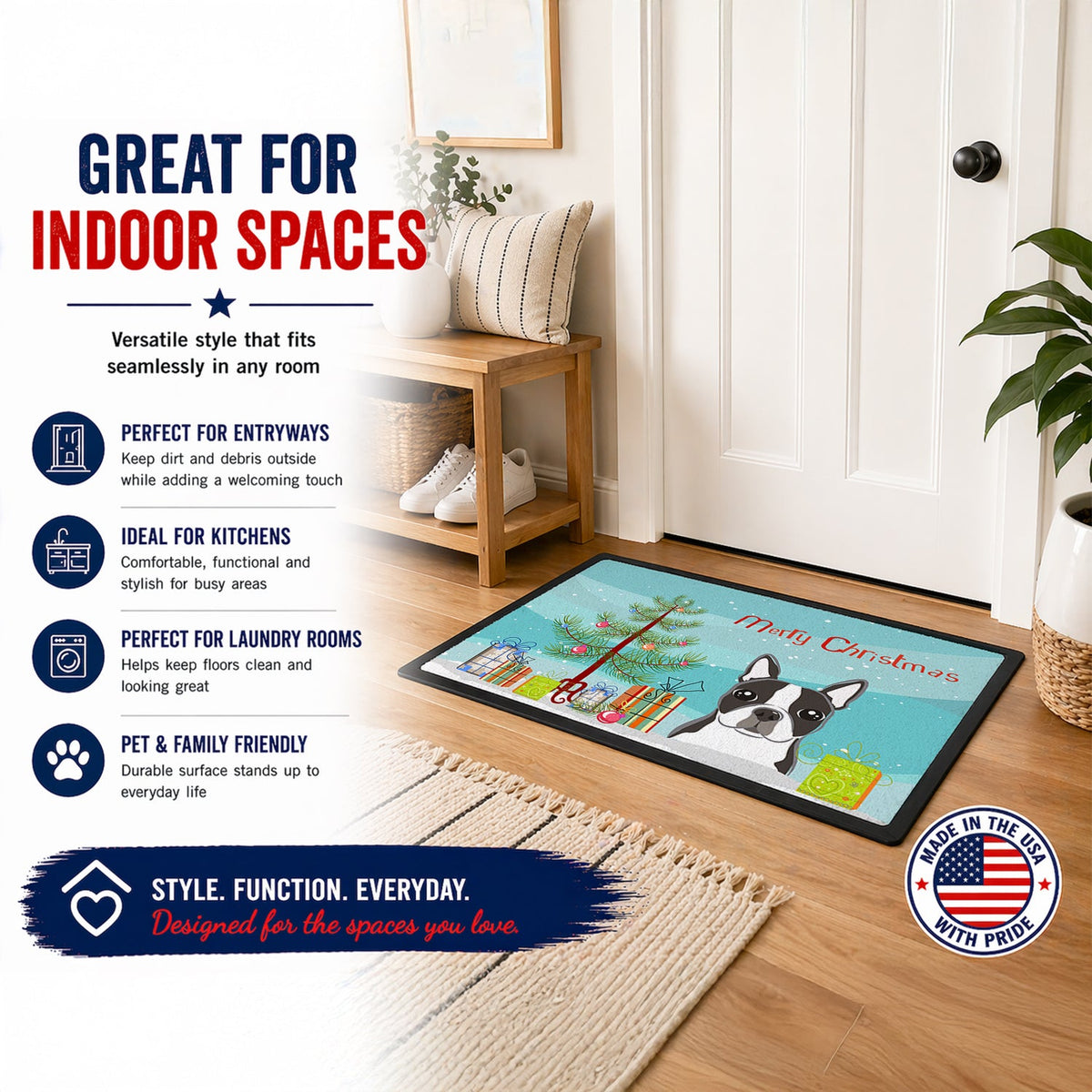 Christmas Tree and Boston Terrier Doormat Indoor Outdoor 18H X 27W Front Door Mat Rugs for Entryway, Non Slip Washable