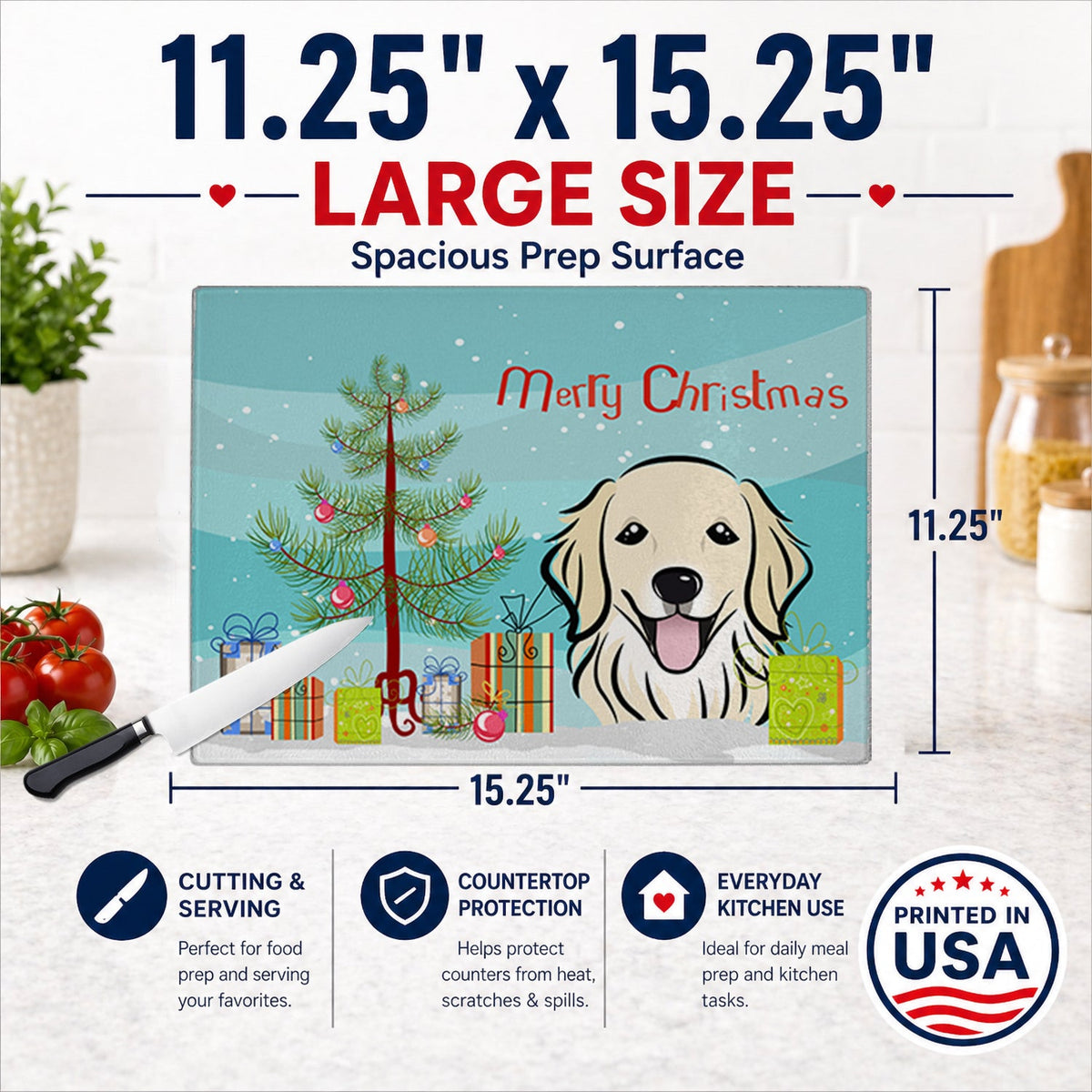 Christmas Tree and Golden Retriever Cutting Board Tempered Glass Kitchen Cutting Surface, Heat Resistant Chopping, Non-Slip Feet, Food Prep & Serving