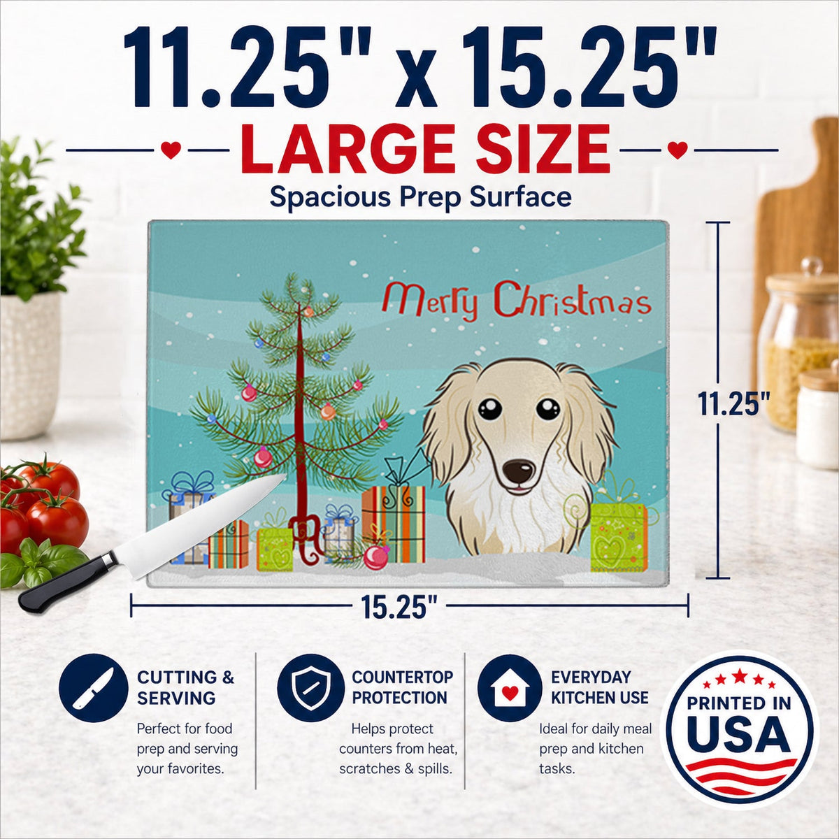 Christmas Tree and Longhair Creme Dachshund Cutting Board Tempered Glass Kitchen Cutting Surface, Heat Resistant Chopping, Non-Slip Feet, Food Prep & Serving