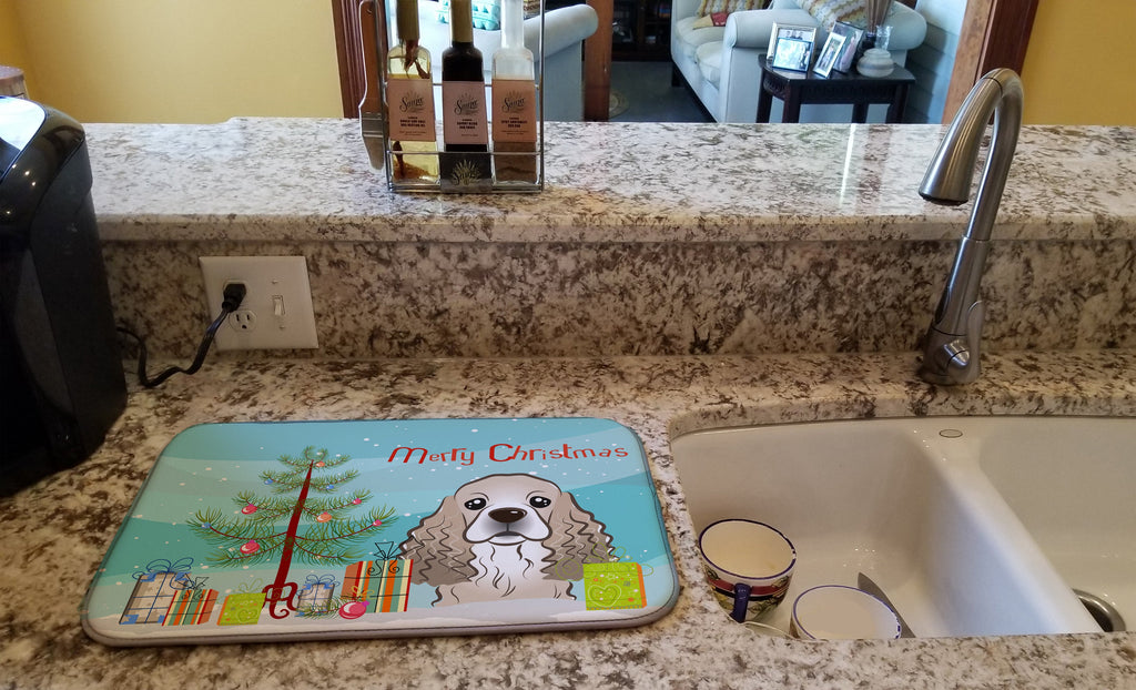 Christmas Tree and Cocker Spaniel Dish Drying Mat Absorbent Dish Drying Mat Pad for Kitchen Counter Dish Drainer Mat for Countertop, 14 x 21", Multicolor