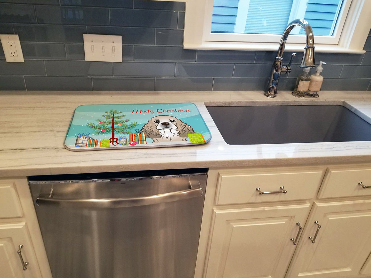 Christmas Tree and Cocker Spaniel Dish Drying Mat Absorbent Dish Drying Mat Pad for Kitchen Counter Dish Drainer Mat for Countertop, 14 x 21", Multicolor