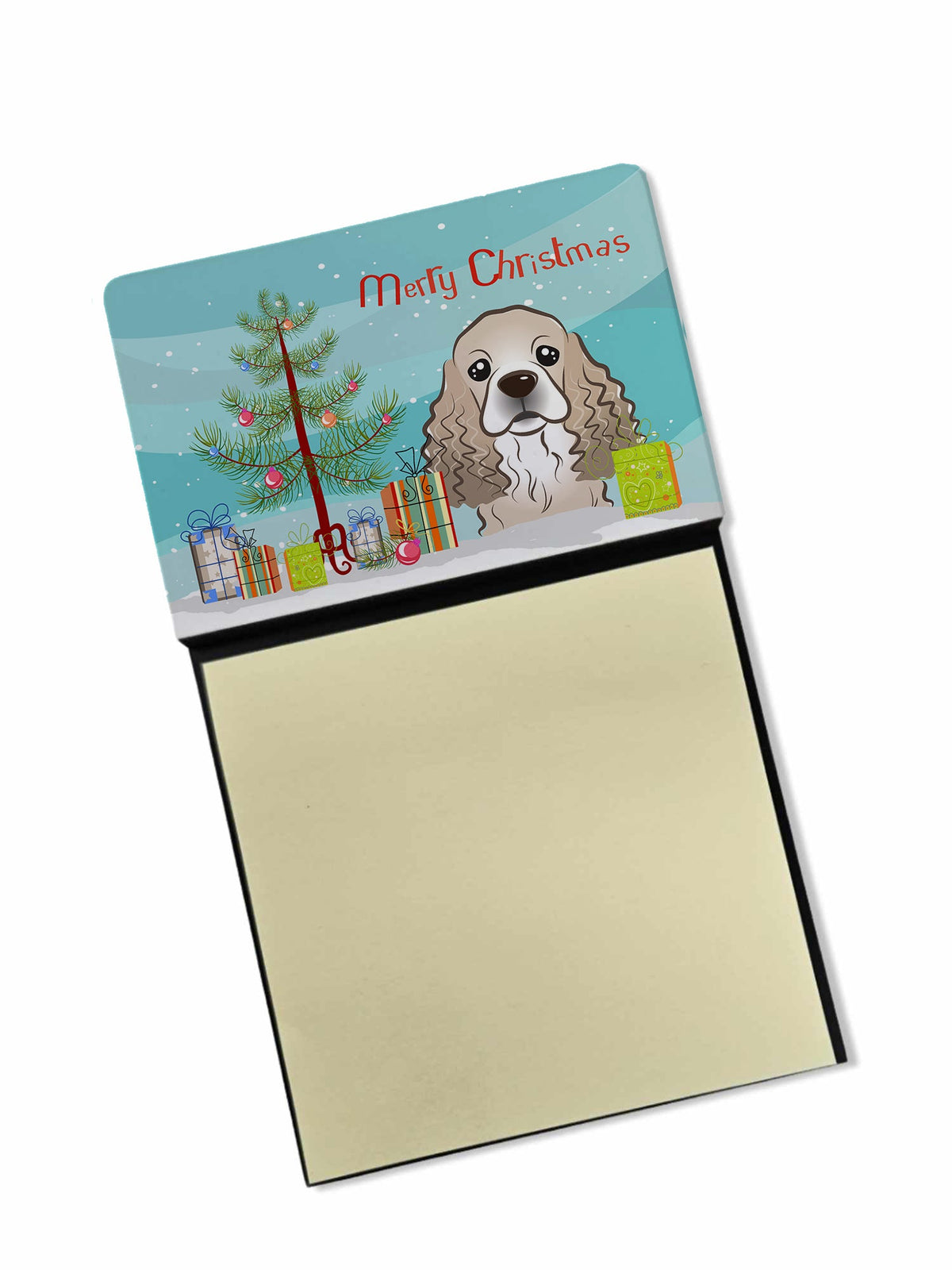 Christmas Tree and Cocker Spaniel Watercolor Sticky Note Holder Refillable Dispenser Desk Accessory 3x3 Pad Gift